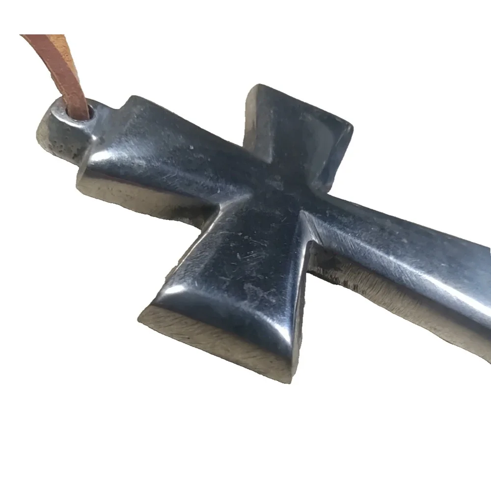 Large Heavy Solid Metal Silver Tone Cross Brutalist Leather Strap